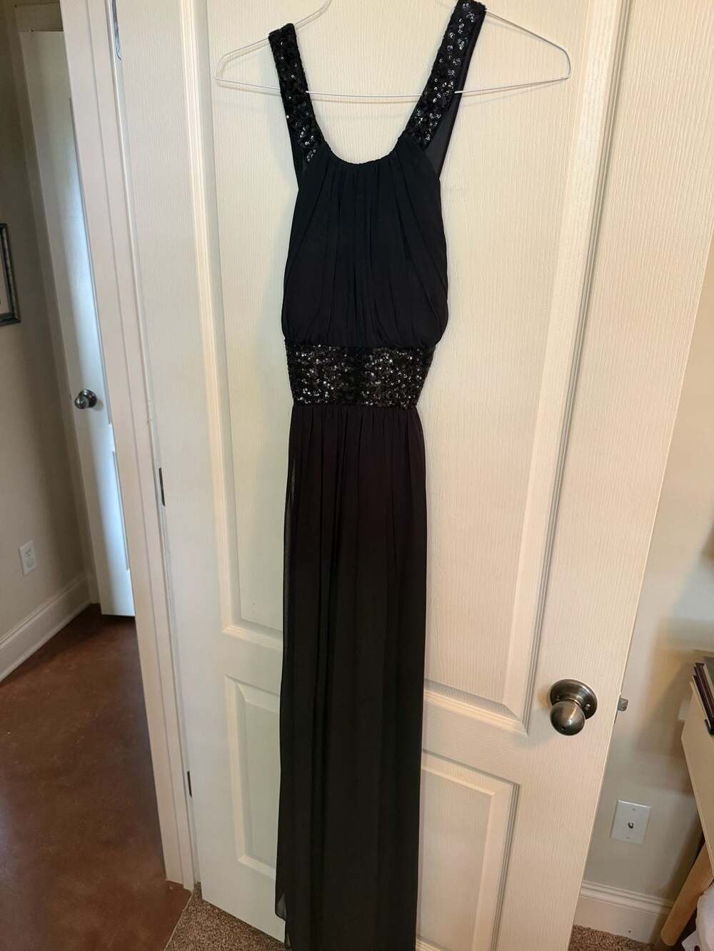 Calvin Klein Black Sequined Halter Cross-Back Gown Size 6